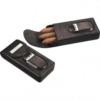 Caldwell Black Leather Cigar Case with Cigar Cutter