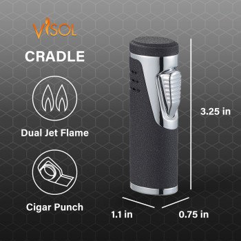 Cradle Double Jet Torch Flame Lighter with Cigar Punch - Black