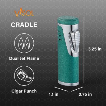 Cradle Double Jet Torch Flame Lighter with Cigar Punch - Green