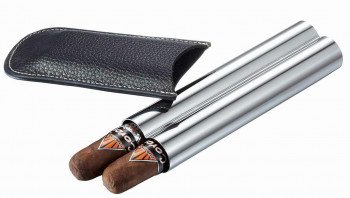 Double Trouble Black Leather and Stainless Steel Cigar Case