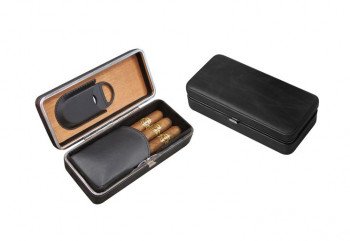 Folding Leather Travel Cigar Case w/ Cutter - Black