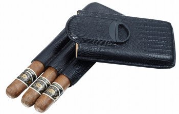 Granada Black Leather 3 Finger Cigar Case with Cigar Cutter