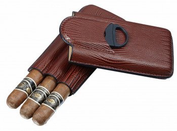 Granada Brown Leather 3 Finger Cigar Case with Cigar Cutter