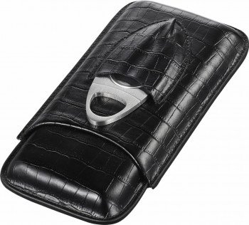 Lincoln Black Leather 3 Finger Cigar Case with Cigar Cutter