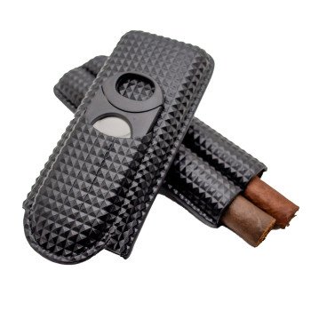Marvel Diamond Pattern 2 Finger Leather Cigar Case with Cutter