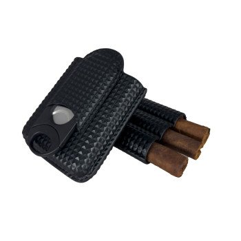 Marvel Diamond Pattern 3 Finger Leather Cigar Case with Cutter