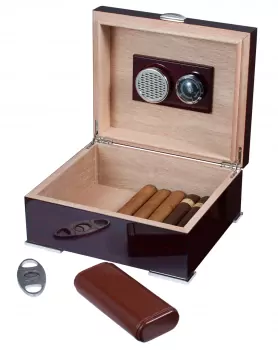 Visol Xander Burgundy Wood Humidor Gift Set with Case and Cutter